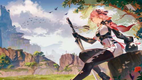 Anime Girl Warrior Sitting in a Scenic Landscape 4K PC Wallpaper