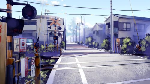 Serene Japanese Railway Crossing Anime Scenery 4K Desktop Wallpaper