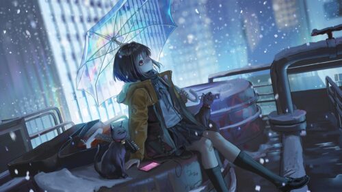 Anime Girl with Umbrella and Cats in Snowy City Night PC Wallpaper