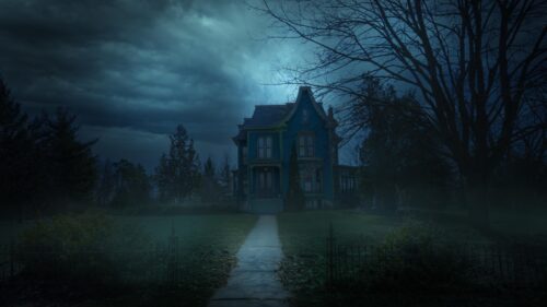 Eerie Victorian Haunted House in Blue Moonlight Desktop Wallpaper