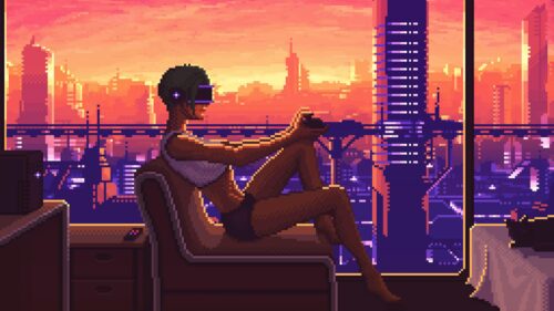 Girl Playing VR Games in Futuristic Cyberpunk City Pixel Art PC Wallpaper