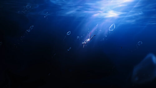 Anime Girl Swimming Underwater in Deep Blue Ocean 4K Wallpaper