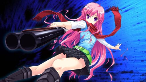 Anime Girl with Shotgun Pink Hair Action Scene 4K Wallpaper