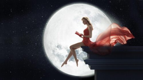 Dreamy Woman Reading Book Under Full Moon Night 4K Wallpaper