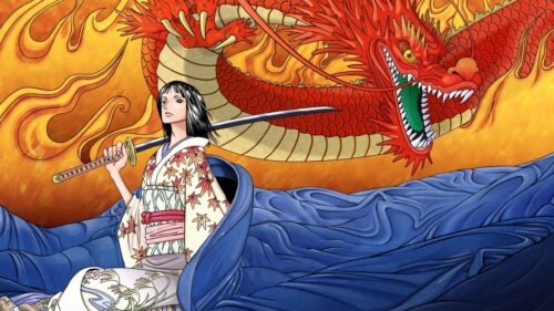 Anime Samurai Woman with Red Dragon and Ocean Waves 4K Wallpaper