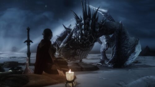 Fantasy Woman Bonding with a Fearsome Dark Dragon Desktop Wallpaper