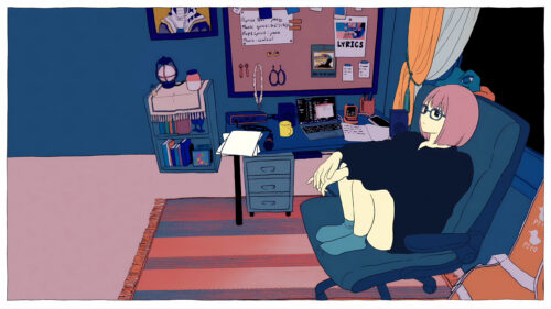 Anime Girl Sitting in Cozy Bedroom Workspace 4K Wallpaper