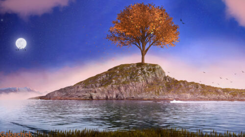 Stunning Autumn Tree on Rocky Island at Twilight Desktop Wallpaper