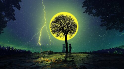 Couple Standing Under Tree During Stormy Full Moon Night Desktop Wallpaper
