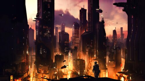 Futuristic Cyberpunk Megacity with Lone Soldier at Sunset 4K Wallpaper