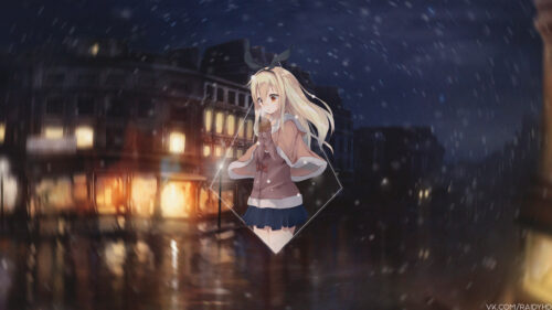 Anime Girl in Winter Night City Street Diamond Frame 4K Wallpaper