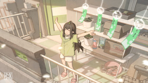 Anime Girl Stretching on Balcony Sunny Summer Day Desktop Wallpaper