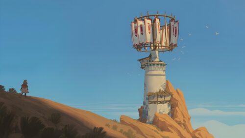 Lone Traveler Approaching Ancient Desert Wind Tower PC Wallpaper