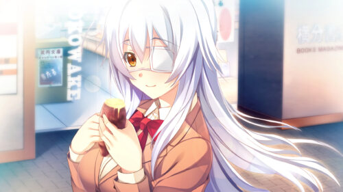 Cute Anime Girl with Long Silver Hair Eating Sweet Potato PC Wallpaper