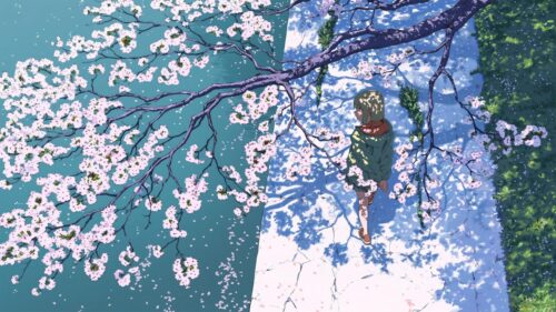 Anime Girl Walking Under Cherry Blossom Trees Scenic PC Wallpaper