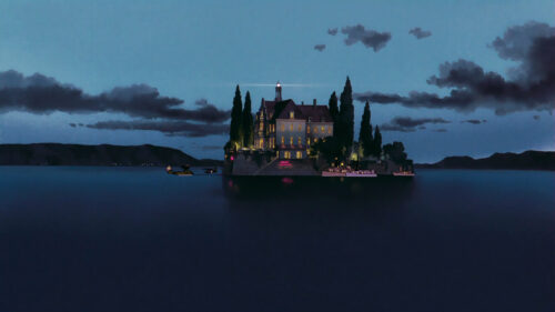 Porco Rosso Hotel Adriano Night View Anime Aesthetic Desktop Wallpaper
