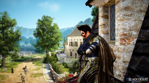 Black Desert Online Character with Skull Mask Standing on Rooftop PC Wallpaper