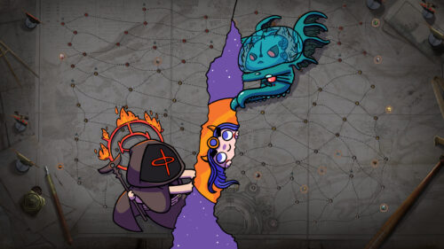 Cute Cartoon Mage and Alien Monster on Tactical World Map 4K Wallpaper
