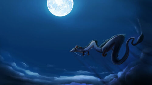 Chihiro and Haku Flying Under Full Moon Spirited Away 4K Wallpaper
