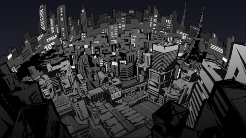 Persona 5 Tokyo Cityscape Monochrome Art Desktop Wallpaper