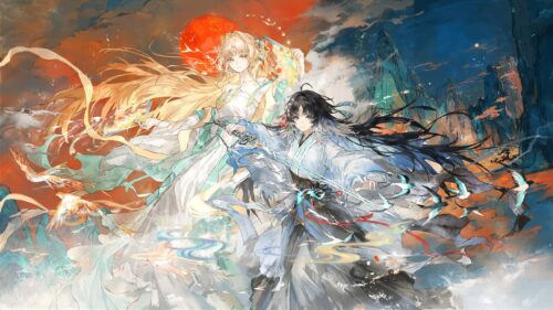 Stunning Fantasy Anime Couple with Sword and Fan Art 4K Wallpaper