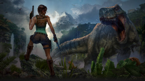 Lara Croft Tomb Raider Facing T-Rex in Jungle 4K PC Wallpaper