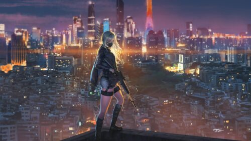 Anime Girl Sniper Overlooking Cyberpunk Cityscape 4K PC Wallpaper