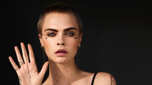 Cara Delevingne Portrait with Intricate Gold Details 4K Desktop Wallpaper