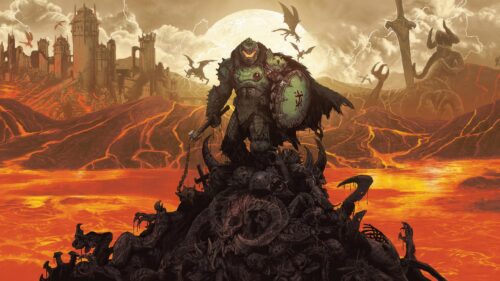 Doom Slayer Medieval Fantasy Warrior Standing on Skull Mountain 4K Wallpaper