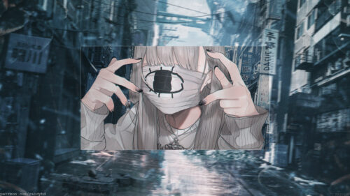 Anime Girl with Eye Mask in Moody Urban Cityscape PC Wallpaper
