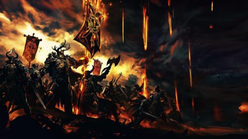Epic Fantasy Battle Warriors with Flaming Banners 4K Desktop Wallpaper