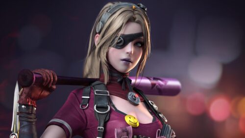 Anime Warrior Girl with Baseball Bat and Eyepatch 4K Desktop Wallpaper