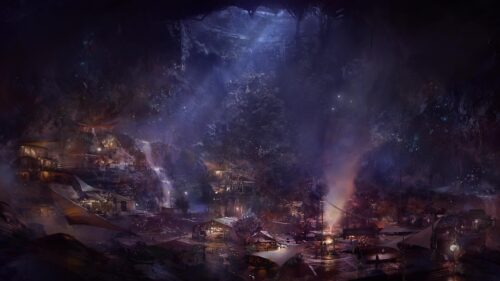 Mystical Underground Village in Dark Fantasy Forest 4K Wallpaper