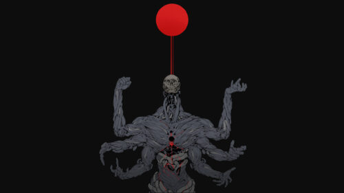 Surreal Dark Multi Armed Skeleton Entity with Red Sun 4K Wallpaper