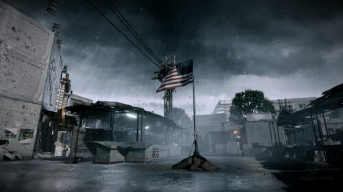 Stormy Battlefield with American Flag Patriotic PC Wallpaper
