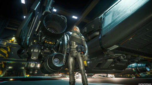 Futuristic Spaceship Hangar with Armored Pilot PC Wallpaper