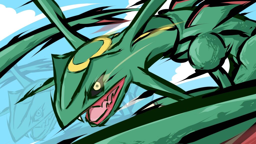 Aggressive Rayquaza Pokémon Flying Sky 4K Desktop Wallpaper