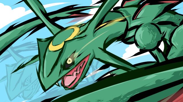 Aggressive Rayquaza Pokémon Flying Sky 4K Desktop Wallpaper