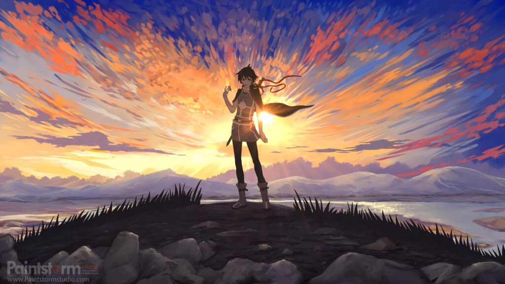 Anime Warrior Standing Against a Vibrant Sunset Landscape Desktop Wallpaper