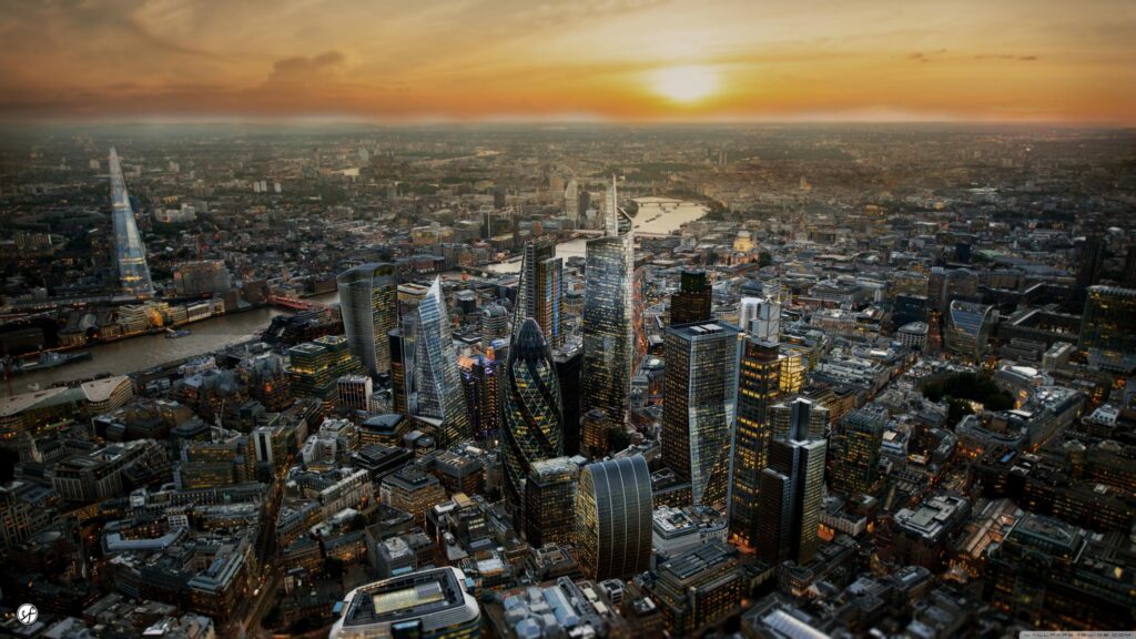 Breathtaking Aerial View of London City Skyline at Sunset Desktop Wallpaper