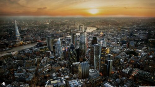 Breathtaking Aerial View of London City Skyline at Sunset Desktop Wallpaper