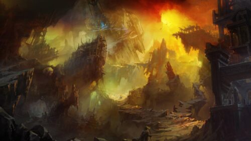 Epic Fantasy Ruined Cityscape with Glowing Mist and Fiery Skies 4K Wallpaper