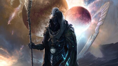 Mysterious Cosmic Guardian Standing Before Alien Planets 4K Desktop Wallpaper