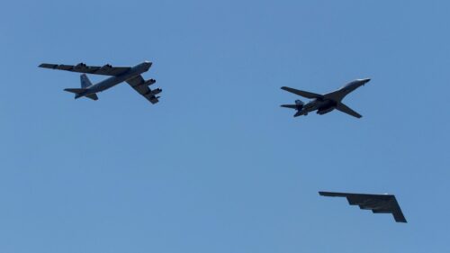US Air Force Bomber Trio B-52 B-1 and B-2 Stealth Aircraft Formation 4K Wallpaper