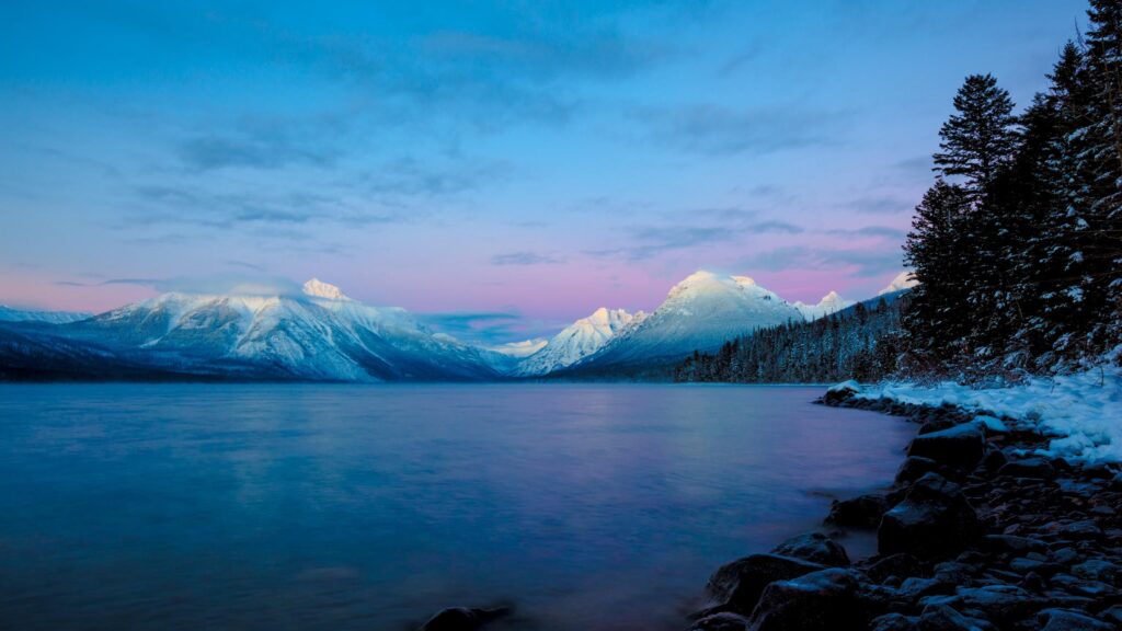 Stunning Snowy Mountain Range Over Serene Lake Landscape 4K Desktop Wallpaper
