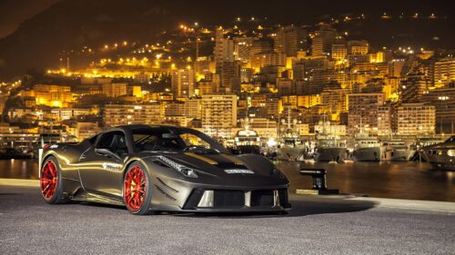 Prior Design Ferrari 458 Italia at Monaco Harbor Nightscape 4K Wallpaper