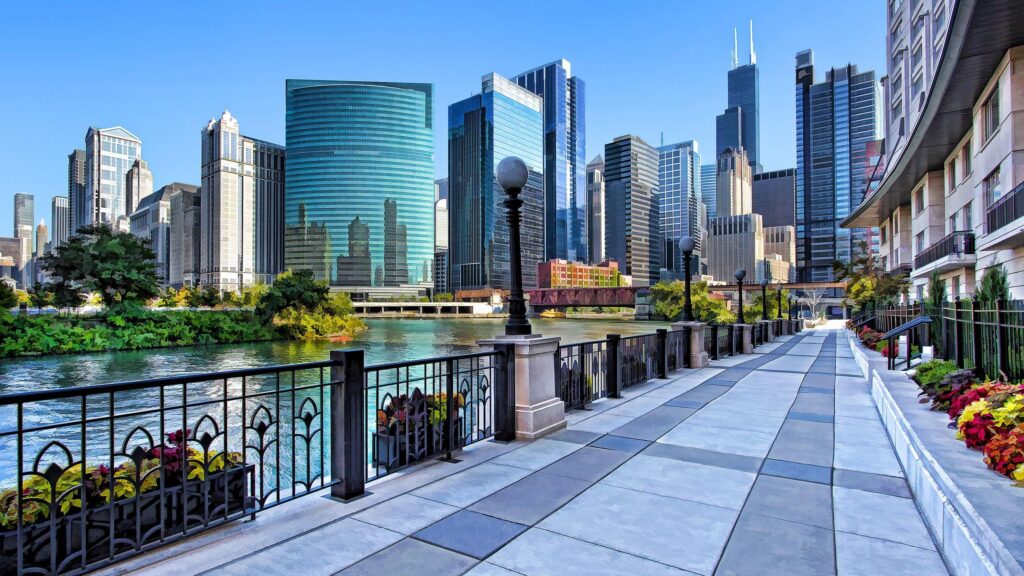Stunning Chicago Riverwalk Waterfront Skyline 4K Desktop Wallpaper