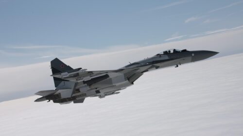 Russian Sukhoi Su-35S Fighter Jet Flying Above the Clouds Desktop Wallpaper