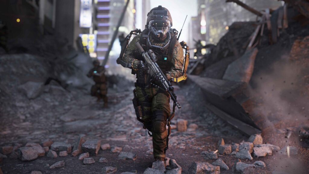 Futuristic Cybernetic Soldier in Ruined City Battlefield 4K Wallpaper