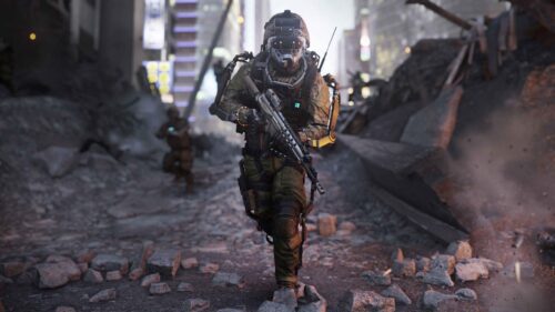 Futuristic Cybernetic Soldier in Ruined City Battlefield 4K Wallpaper